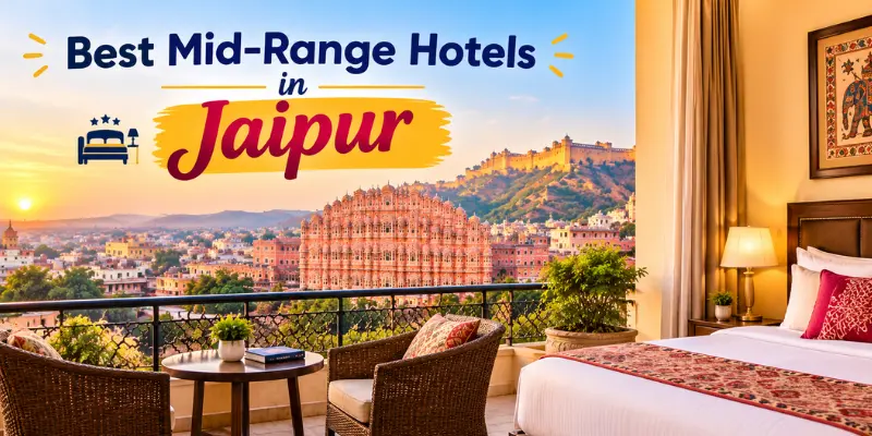 Mid-range hotel in Jaipur featuring a comfortable guest room and modern amenities.