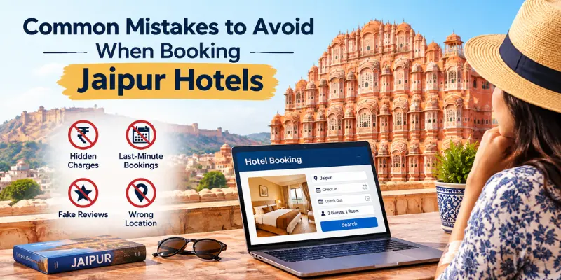 Traveller reviewing hotel prices, room details, and booking information before reserving a Jaipur hotel.