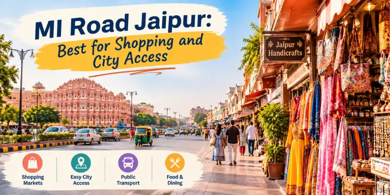 MI Road in Jaipur featuring busy shopping streets, local stores, and nearby hotels.