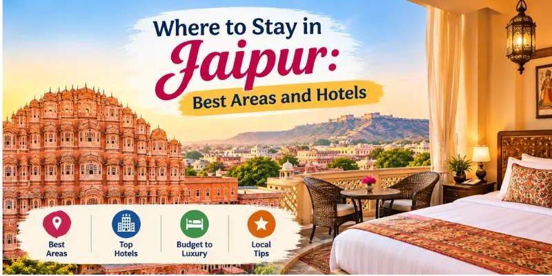Jaipur hotels and historic architecture showcasing the city’s popular tourist areas.